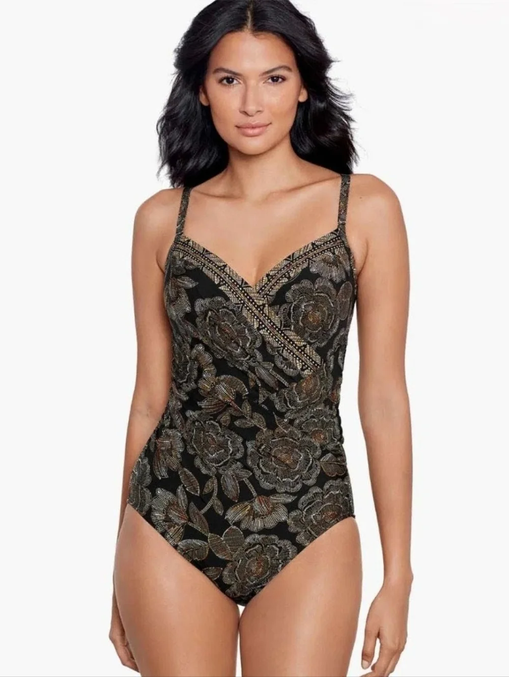 MIRACLE SUIT Petal Pusher Gali Black & Gold Foam Cup V-Neck One Piece swimsuit - Picture 2 of 13